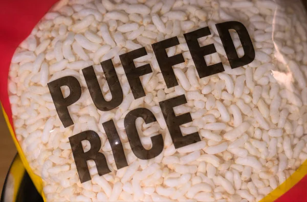 Puffed rice in plastic packaging. Close up.