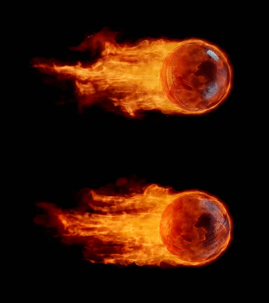Fire ball. Blazing Cricket Ball on air with bright flame tail. Dark background. 3D render.