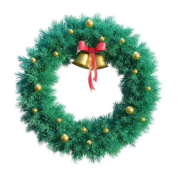 Altın toplu Noel çelengi, sallanan çanlar ve kurdeleler.