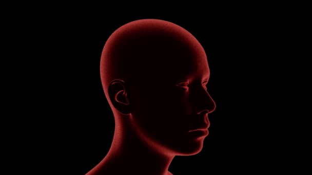 スタイリッシュ化された3D人間の頭部は黒い背景で360度回転します 4Kループ 含まれているマットの背景 — ストック動画