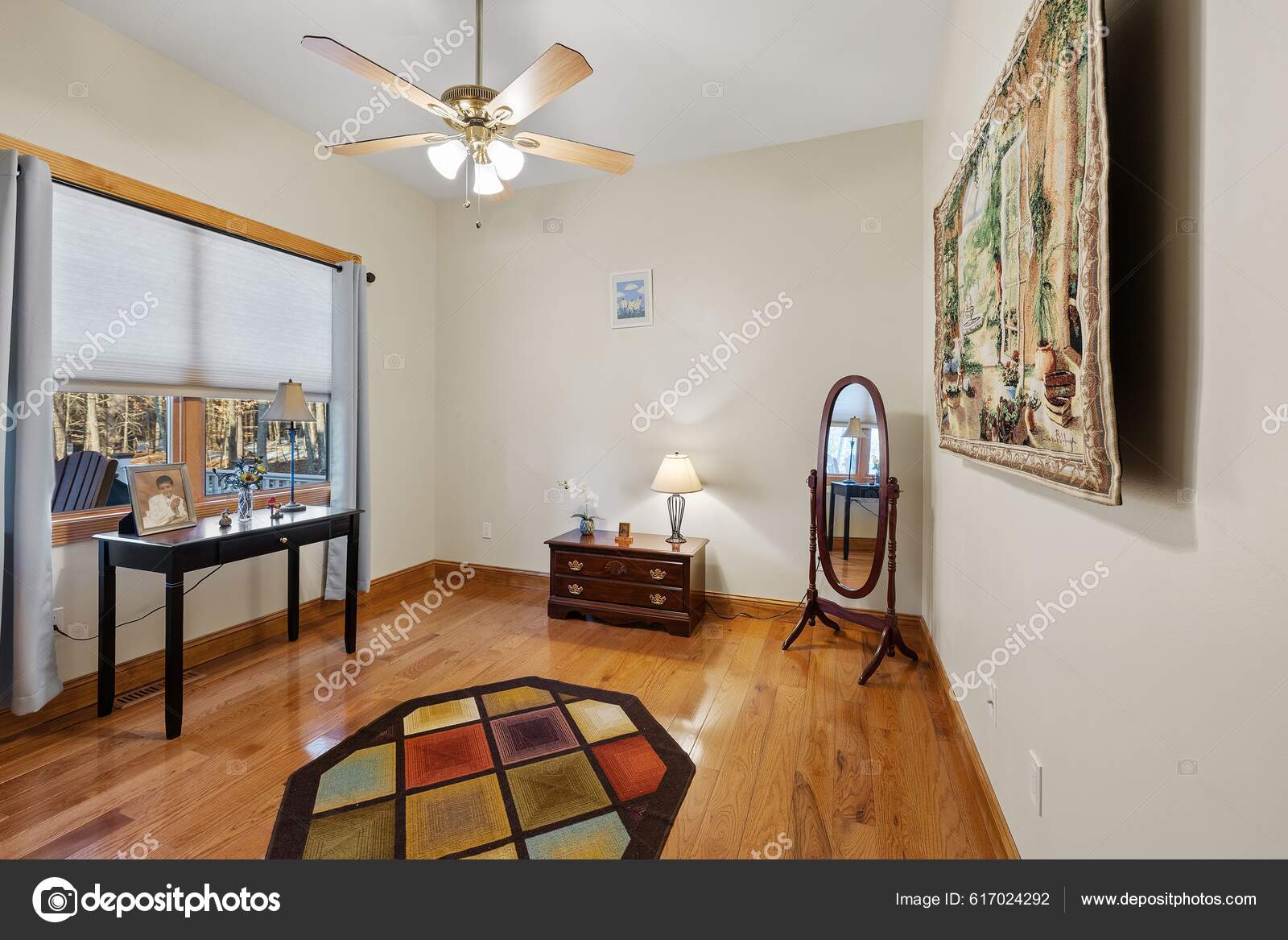 Rustic Room Interior Ceiling Fan Wooden Floors Mirror Tapestry Wall Stock Photo wirestock creators 617024292