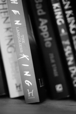 Stephen King 'in Langoliers romanının dikey gri tonlama yakın çekimi..