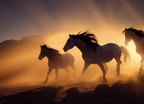 Eine Silhouette Laufender Wildpferde Den Dünen — Stockfoto