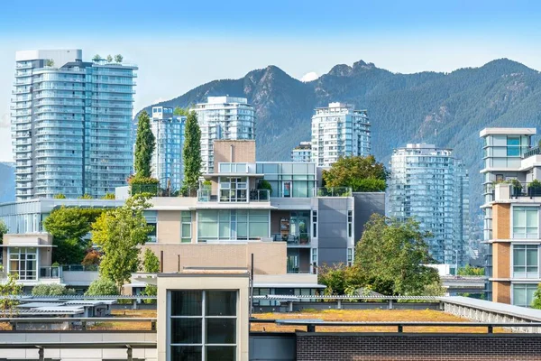 Panorama Olympijské Vesnice Vancouveru Pohoří Coast Mountains — Stock fotografie