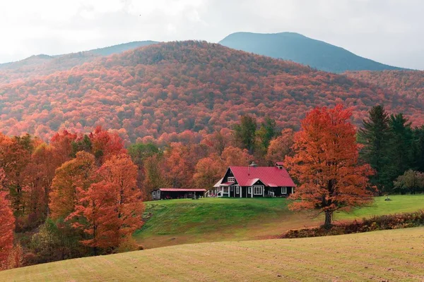 Beautiful Shot Country House Field Surrounded Colorful Trees Mountains — Stock Photo, Image
