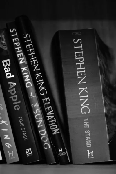 Vertikal Gråskala Närbild Rad Romaner Stephen King — Stockfoto