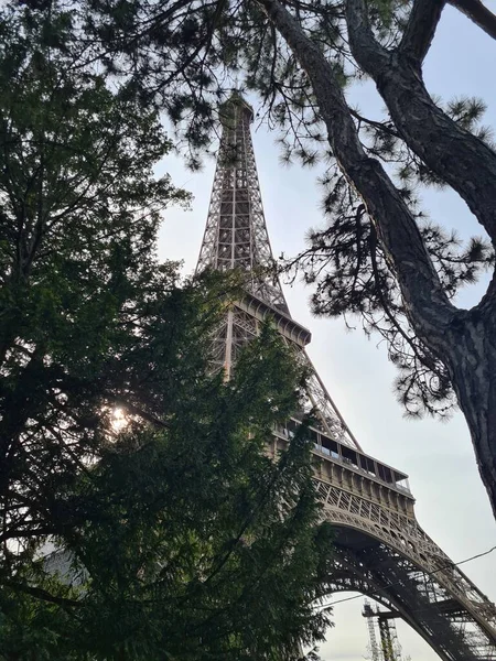 Ángulo Vertical Bajo Torre Eiffel Través Los Árboles Cielo Nublado — Foto de Stock