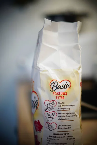 Closeup Shot Polish Basia Brand White Flour Open Bag — Stock Photo, Image