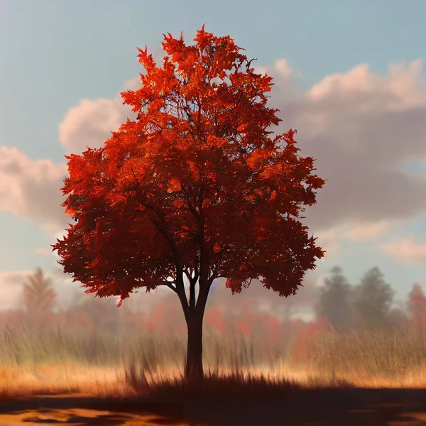 Güneşli Bir Parktaki Portakal Sonbahar Ağacının Dijital Bir Çizimi — Stok fotoğraf