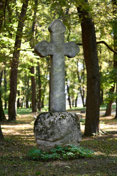 Tiro Vertical Uma Cruz Pedra Grande Cemitério Riga Letónia — Fotografia de Stock