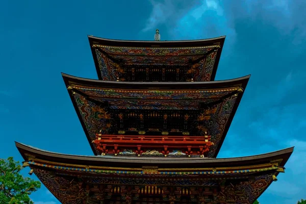 Низкий Угол Трехэтажной Пагоды Храме Нарита Япония Фоне Голубого Неба — стоковое фото