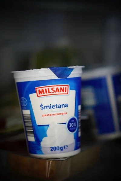 Closeup Shot Polish Milsani Brand Sour Cream Fridge Shelf — Stock Photo, Image