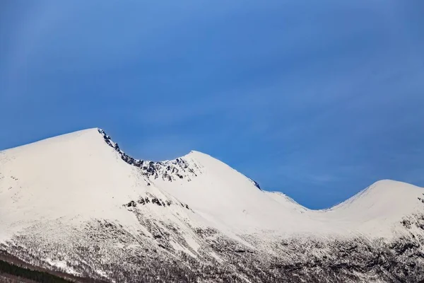 Під Синім Небом Норвегії Під Сніжними Скелястими Горами Видніється Низький — стокове фото