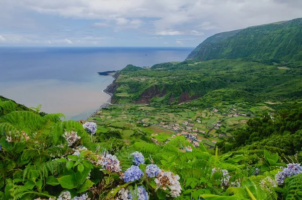 Beau Paysage Petites Maisons Île Flores Entre Les Montagnes Par — Photo