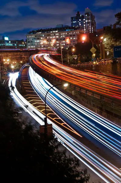 Vertical Long Exposure Vehicle Lights Streets Urban City Night — Stock Photo, Image