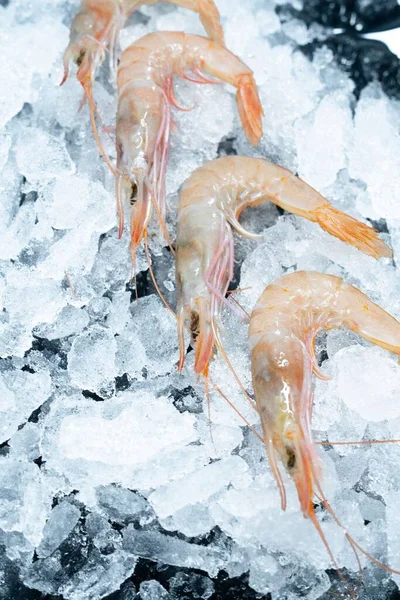 Vertical Shot Raw Fresh Shrimps Ice Displayed Market — Stock Photo, Image
