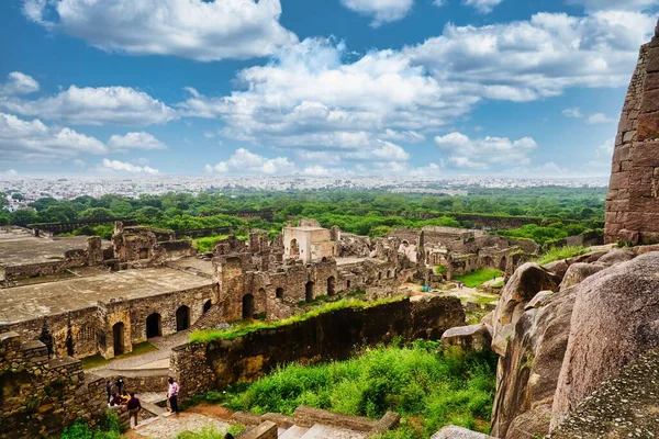 High Angle Golconda Fort Ruins Grass Cloudy Sky Background — Stock Photo, Image