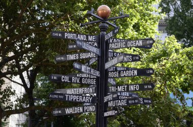 Portland 'da yeşil ağaç arka planında bir sürü konumu olan bir yön tabelasına yakın çekim