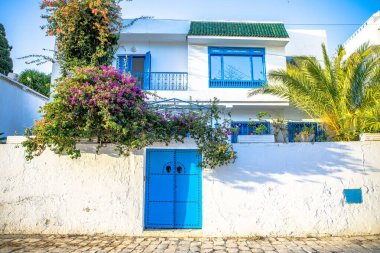 Mavi kapısı ve pencereleri olan beyaz bir evin dış görünüşü.