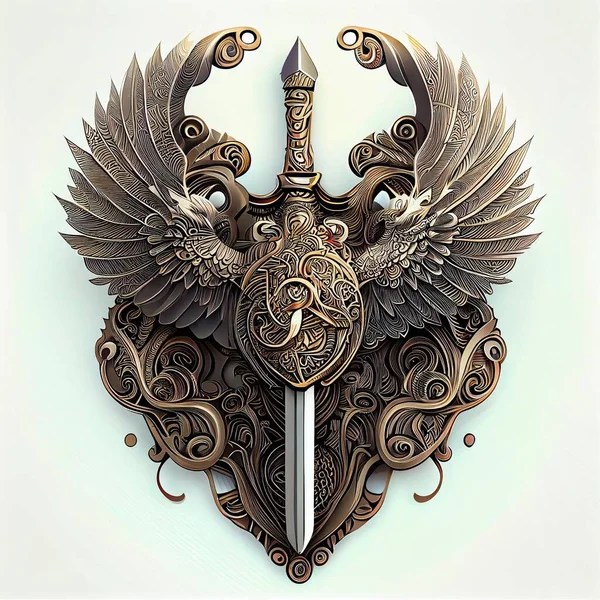 Vykreslený Emblém Medailon Meče Křídly Před Bílým Pozadím — Stock fotografie