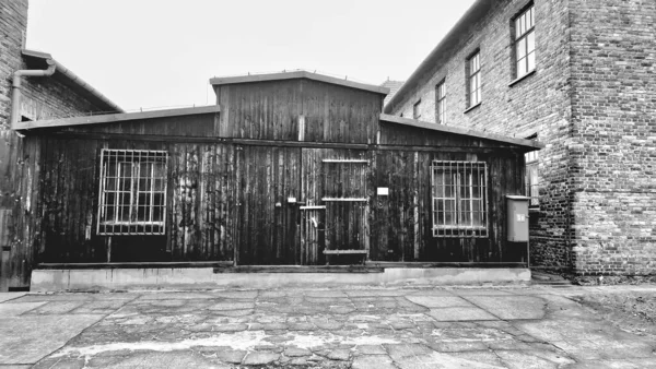 Gråskalig Bild Koncentrationslägret Auschwitz Hösten — Stockfoto