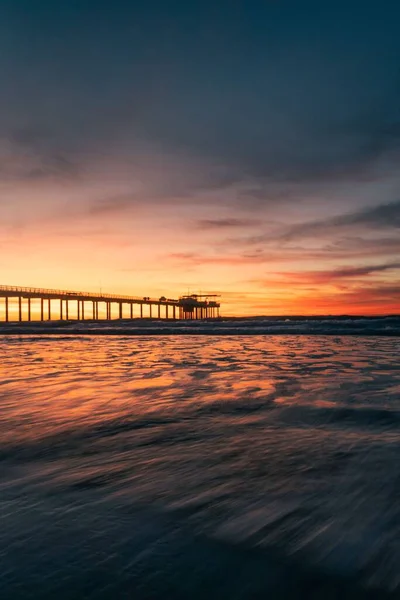 Sunset Scene San Diego Beach Wooden Pier Distance Colorful Night — Stock Photo, Image