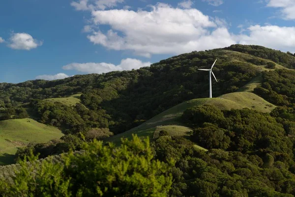 Eine Landschaftliche Aufnahme Einer Einzelnen Windkraftanlage Auf Einem Saftig Grünen — Stockfoto