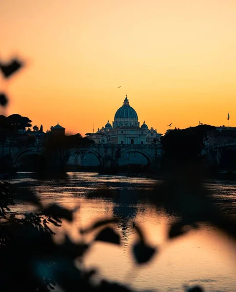 日落时分 梵蒂冈 以圣彼得大教堂建筑为背景的一条河流的垂直截图 — 图库照片