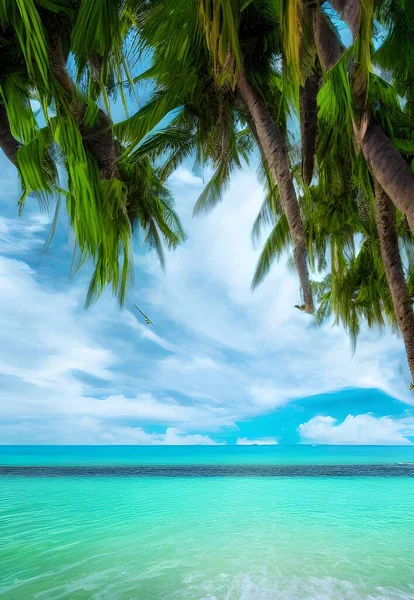 Eine Vertikale Aufnahme Von Palmenblättern Mit Dem Türkisfarbenen Meer Hintergrund — Stockfoto