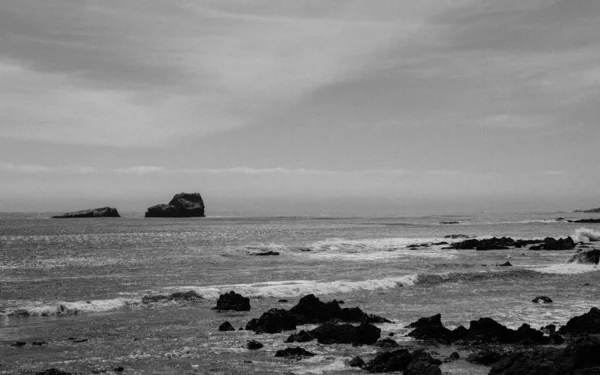 Skala Szarości Kalifornijski Widok Wybrzeże Fal Oceanu Spokojnego — Zdjęcie stockowe