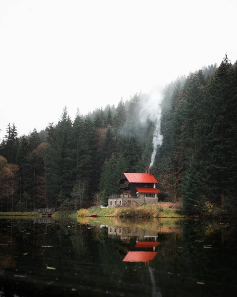 鬱蒼とした木々に囲まれた湖の近くの建物 — ストック写真