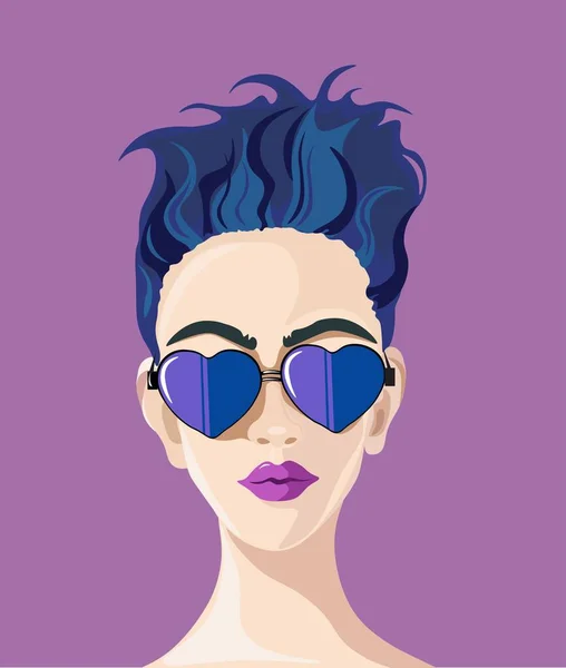 A vertical digital illustration of a cool female with blue short hair and purple heart shaped glasses