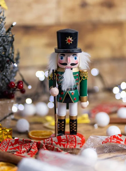 Vertical Shot Wooden Nutcracker Toy Table Christmas Decorations — Stock Photo, Image