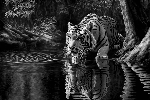 Hyper Realistic Illustration Tiger Jungle Black White — Stock Photo, Image