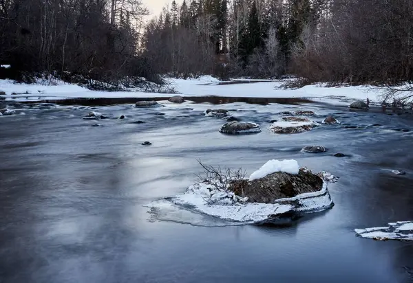Μια Σιλουέτα Από Ένα Δάσος Και Ένα Χιόνι Ένα Ποτάμι — Φωτογραφία Αρχείου