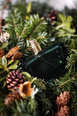 Yeşil dallarda yeşil bir parfümün dikey görüntüsü.