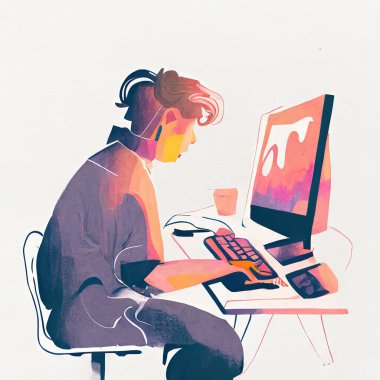 Bilgisayarda çalışan bir çocuğun çizimi.