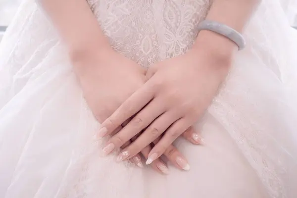 Closeup Soft Hands Bridge White Wedding Dress — Stock Photo, Image