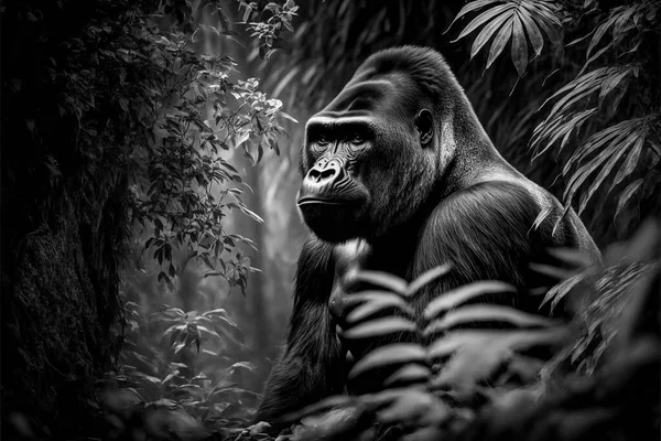 A realistic illustration of a gorilla in black and white, standing in a jungle
