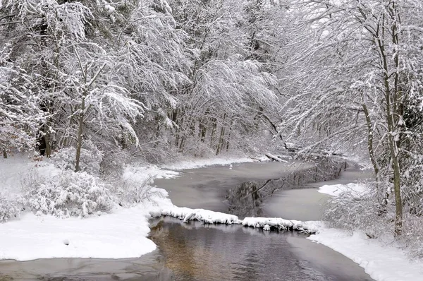 美丽而宁静的新英格兰冬季风景 马萨诸塞州汤森森市部分冰冻的斯坎纳柯克河沿岸的新雪 — 图库照片
