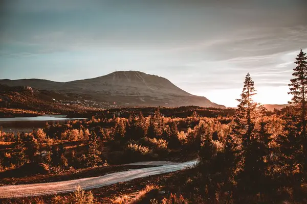 Höstskog Och Vattendamm Med Ett Stort Berg Bakgrunden Solnedgången Norge — Stockfoto