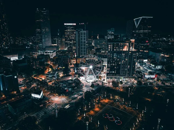 Vista Aerea Grattacieli Illuminati Ruota Panoramica Edifici Nel Centro Atlanta — Foto Stock