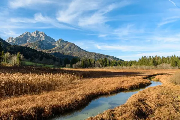 Niesamowity Krajobraz Potokiem Płynącym Przez Łąki Pod Górami Rezerwacie Przyrody — Zdjęcie stockowe