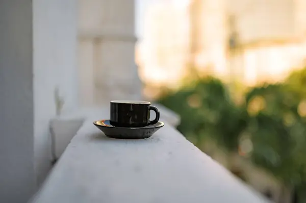 Coffee Cup Top Balcony Blurred Background Afternoon — Stock Photo, Image