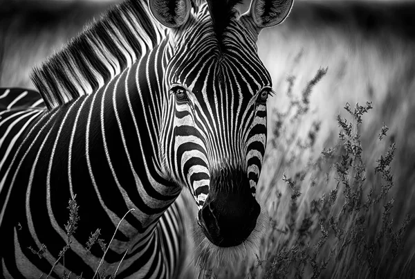 Eine Hyperrealistische Darstellung Eines Zebras Der Savanne Schwarz Weiß — Stockfoto
