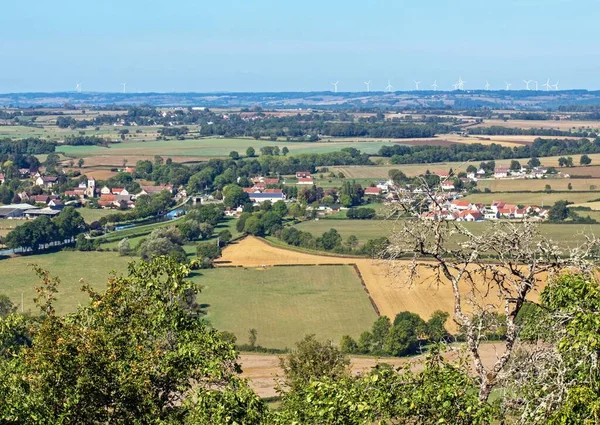 Kanał Burgundzki Vandenesse Auxois Francja Widziany Wzgórza Chateauneuf Turbiny Wiatrowe — Zdjęcie stockowe
