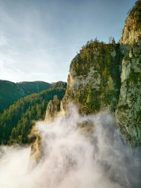 Vue Aérienne Verticale Montagne Drachenwand Avec Brouillard Matinal Autriche — Photo