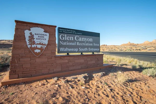 The large Glen Canyon National Recreation Area sign in Page, Arizona