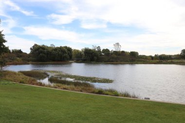Arka planda bulutlu mavi gökyüzü olan ağaçlarla kaplı güzel bir göl manzarası.