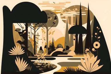 Ağaçların ve soyut geometrik şekillerin yapay zekayla oluşturulmuş bir çizimi.